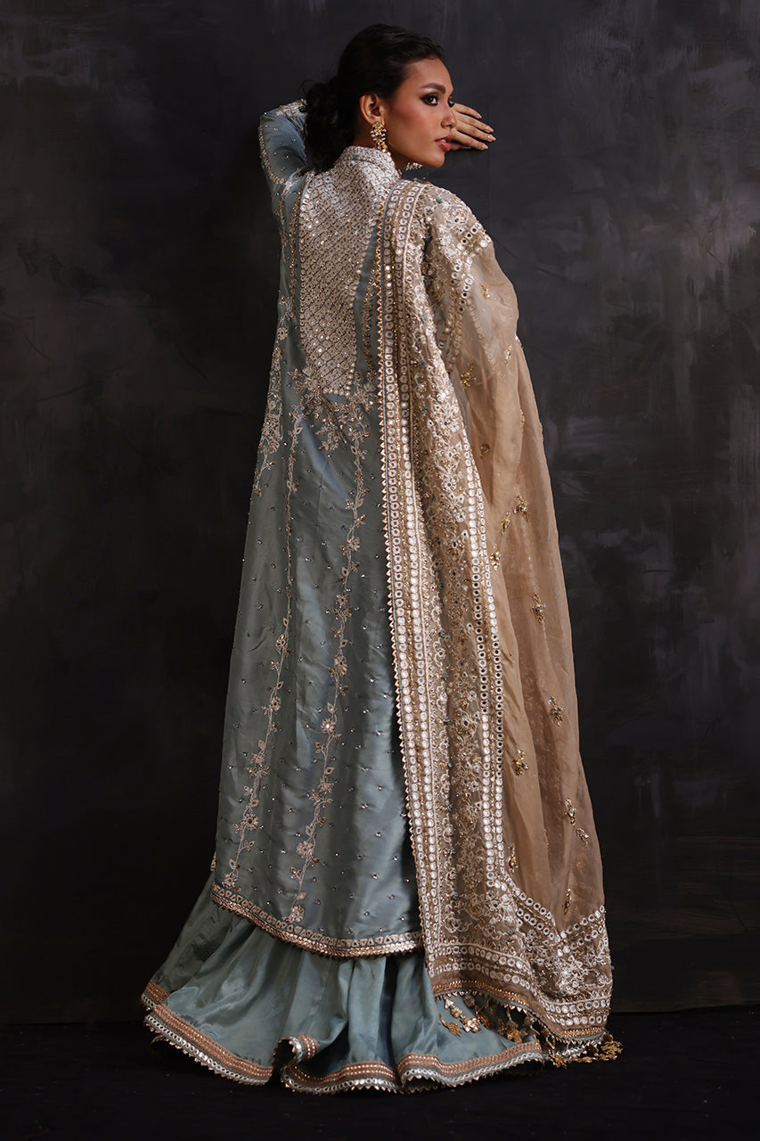 Pakistani English Blue Embroidered Pure Silk Choga (3-Piece) - Image 5