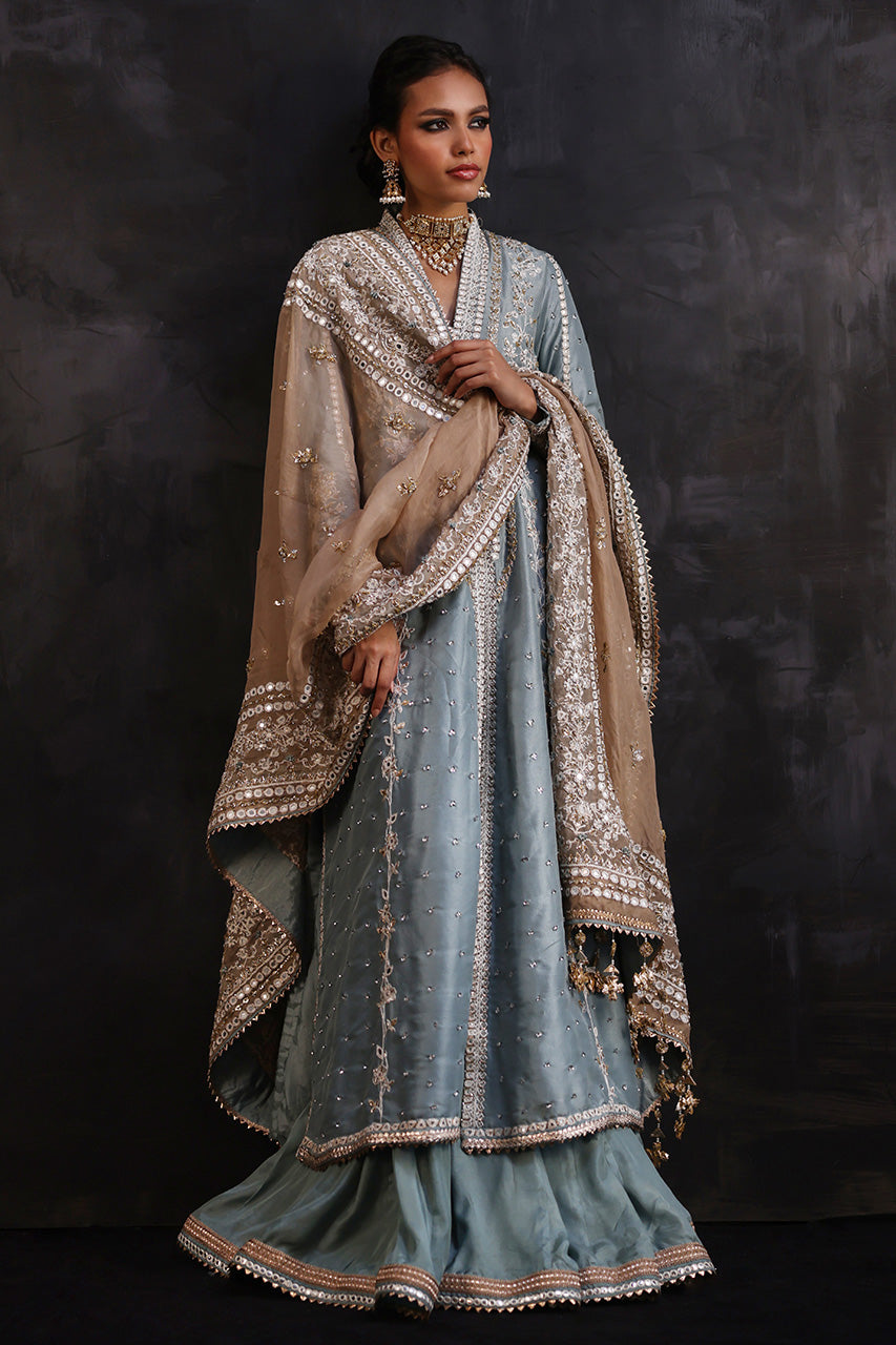 Pakistani English Blue Embroidered Pure Silk Choga (3-Piece) - Image 7