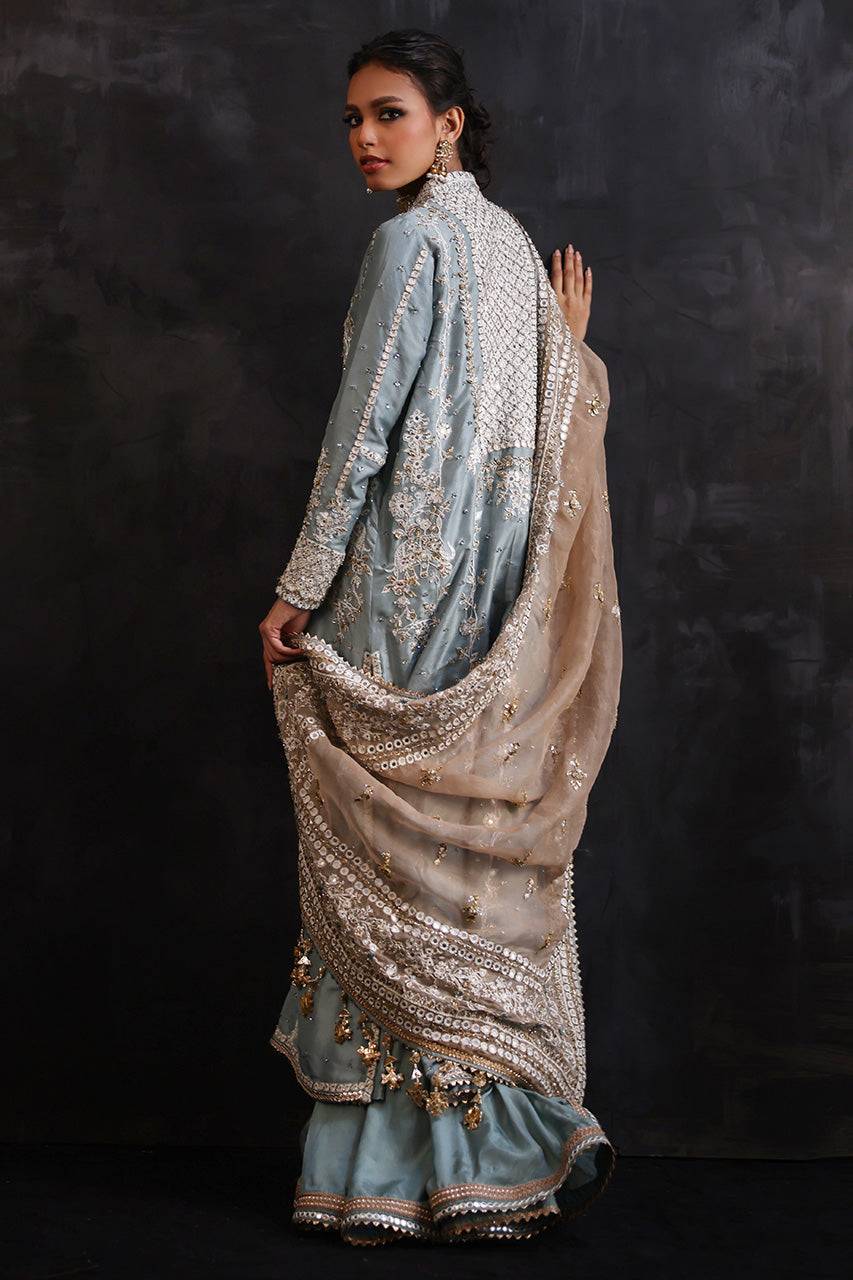 Pakistani English Blue Embroidered Pure Silk Choga (3-Piece) - Image 8