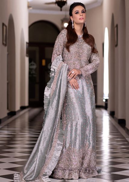 Pakistani Ice Blue Zardozi Pure Tissue Salwar Kameez (3-Piece) - Image 2