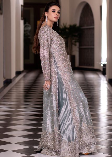 Pakistani Ice Blue Zardozi Pure Tissue Salwar Kameez (3-Piece) - Image 3