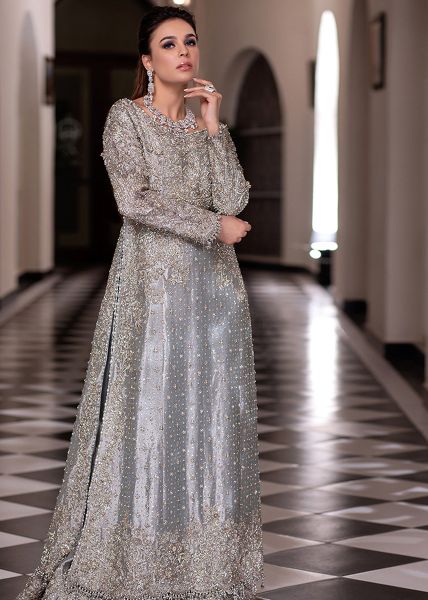 Pakistani Ice Blue Zardozi Pure Tissue Salwar Kameez (3-Piece) - Image 4