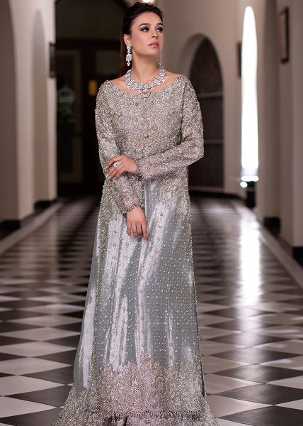 Pakistani Ice Blue Zardozi Pure Tissue Salwar Kameez (3-Piece) - Image 5