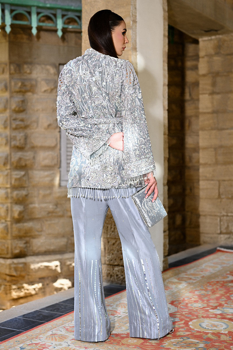 Pakistani Ice Blue Handworked Lama Jacket & Flared Pants (2-Piece) - Image 3