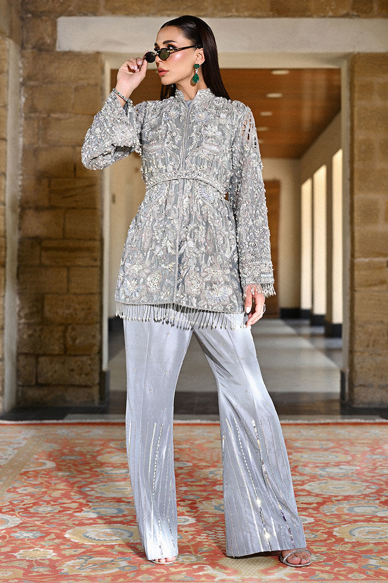 Pakistani Ice Blue Handworked Lama Jacket & Flared Pants (2-Piece) - Image 4