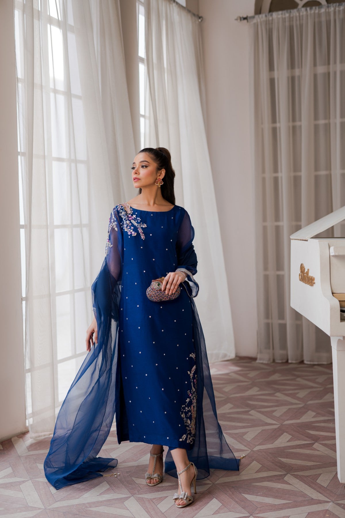 Pakistani Royal Blue 3D Embellished Raw Silk Salwar Kameez (3-Piece) - Image 1