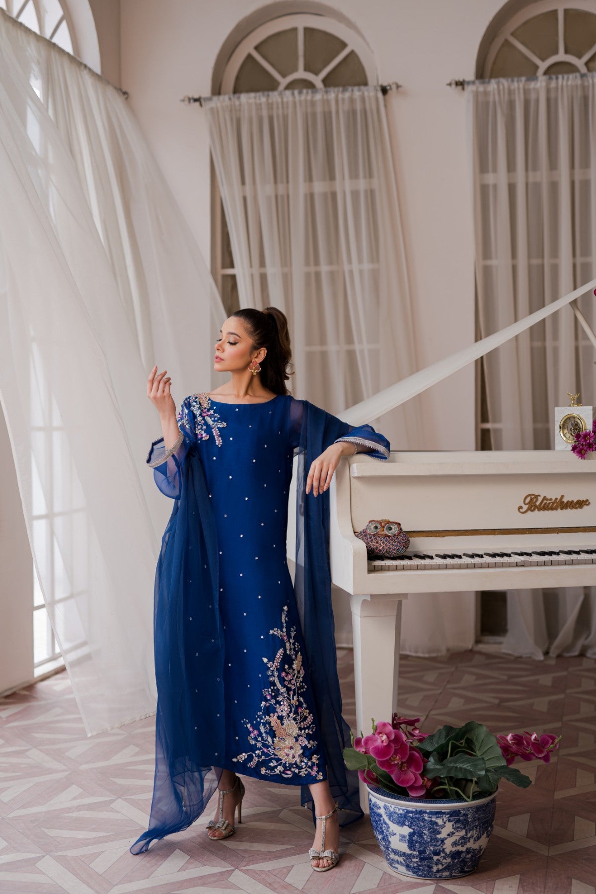 Pakistani Royal Blue 3D Embellished Raw Silk Salwar Kameez (3-Piece) - Image 2