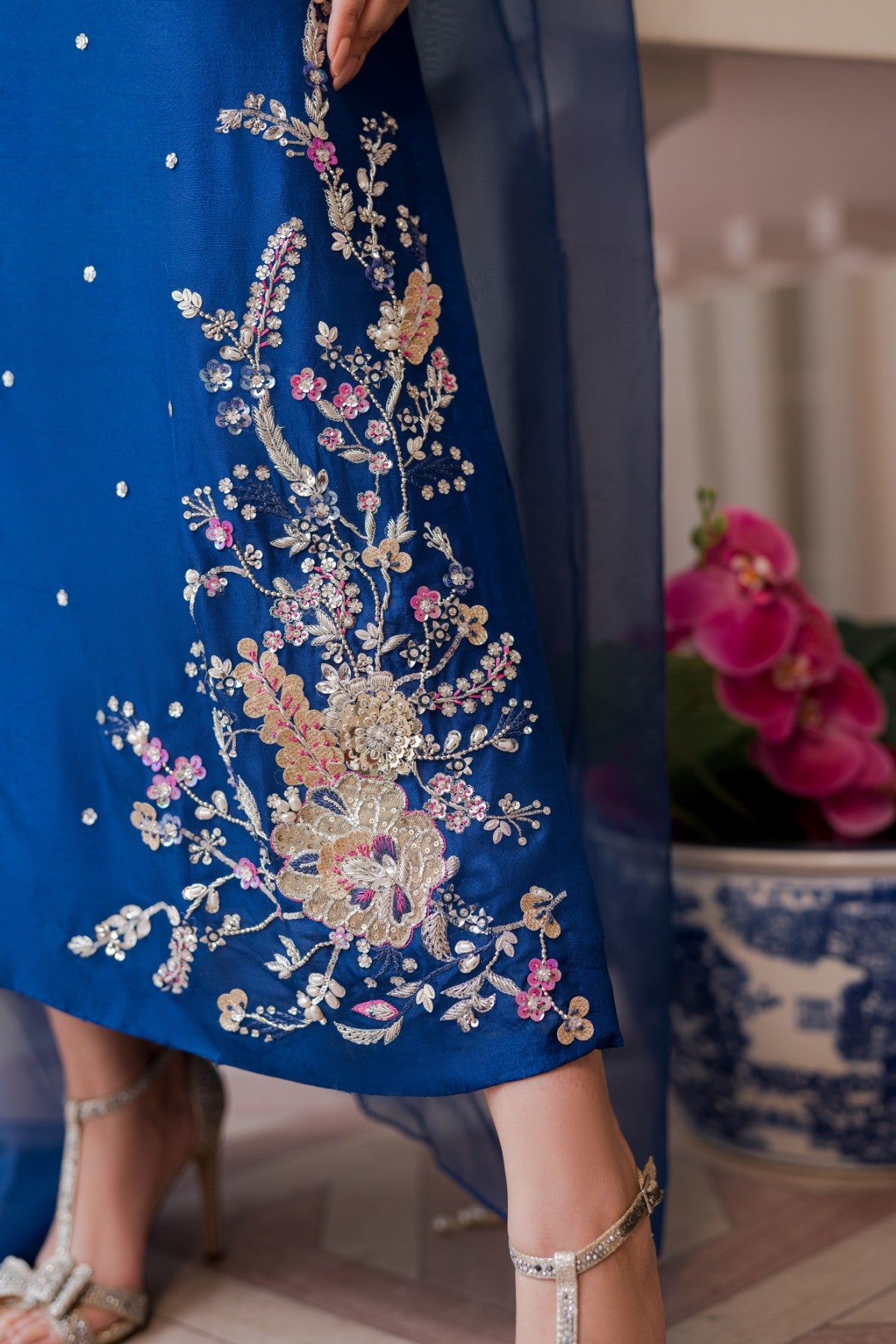 Pakistani Royal Blue 3D Embellished Raw Silk Salwar Kameez (3-Piece) - Image 5