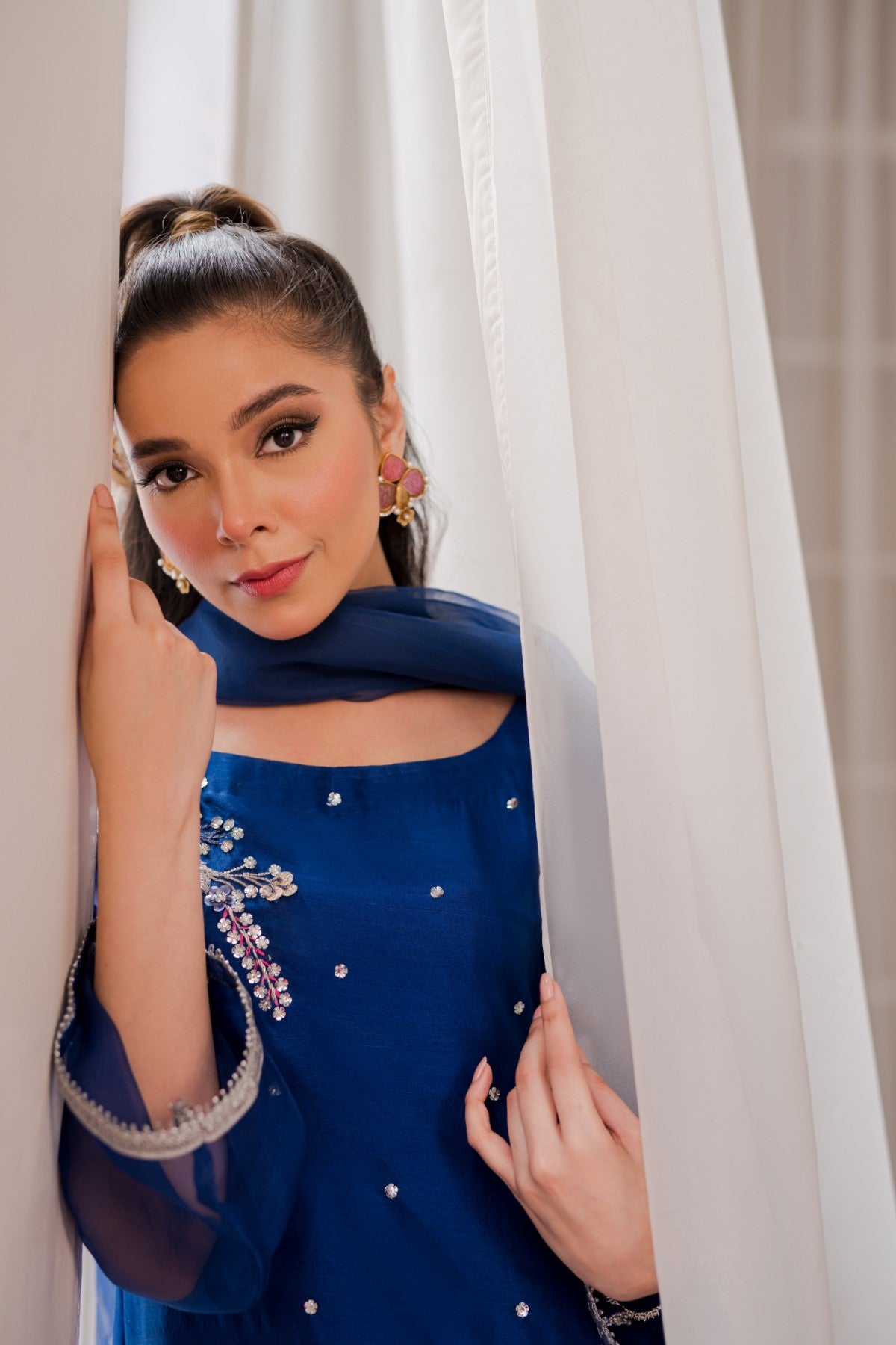 Pakistani Royal Blue 3D Embellished Raw Silk Salwar Kameez (3-Piece) - Image 6