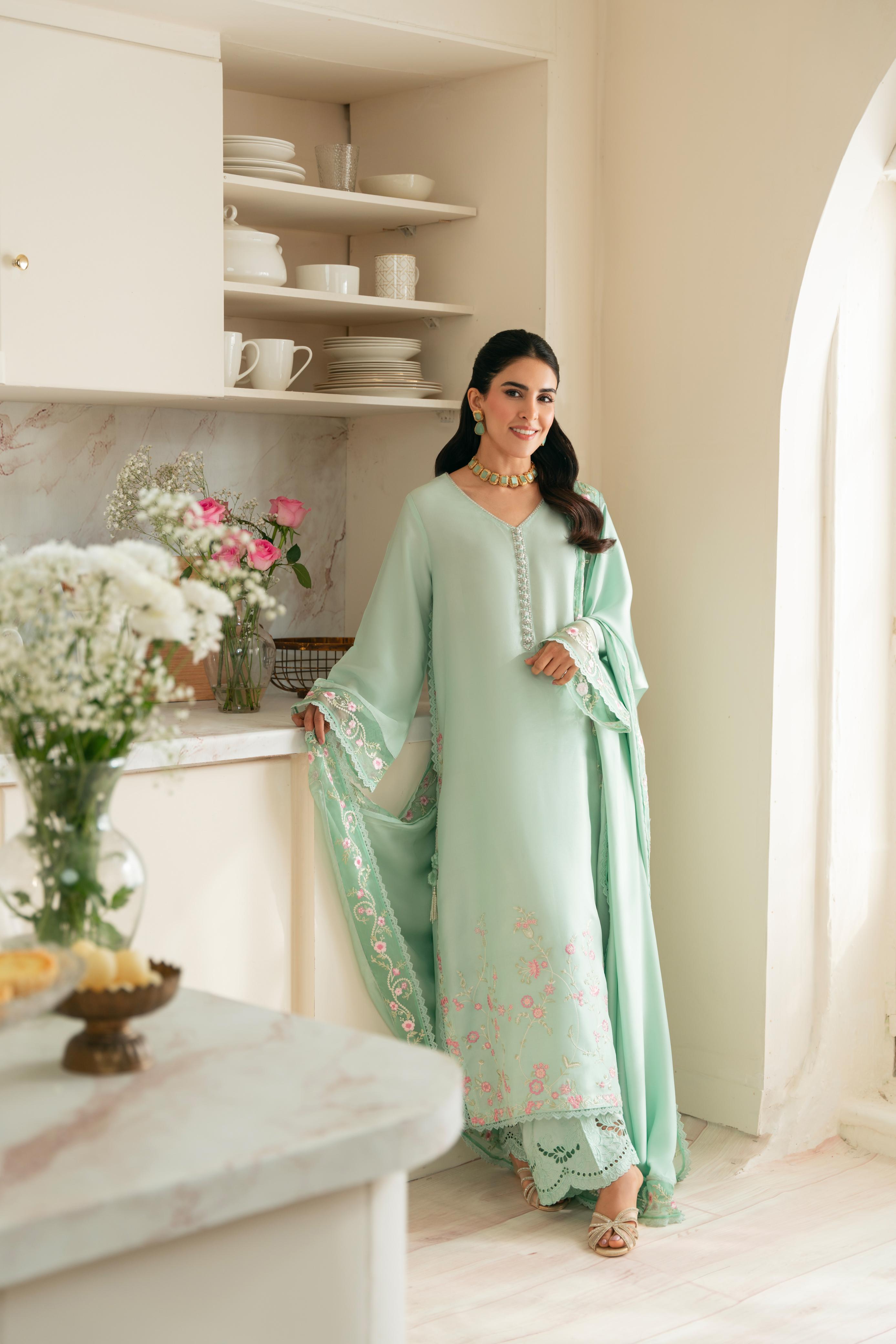 Pakistani Aqua Ada Embroidered Pure Raw Silk Kameez Set (3-Piece) - Image 1