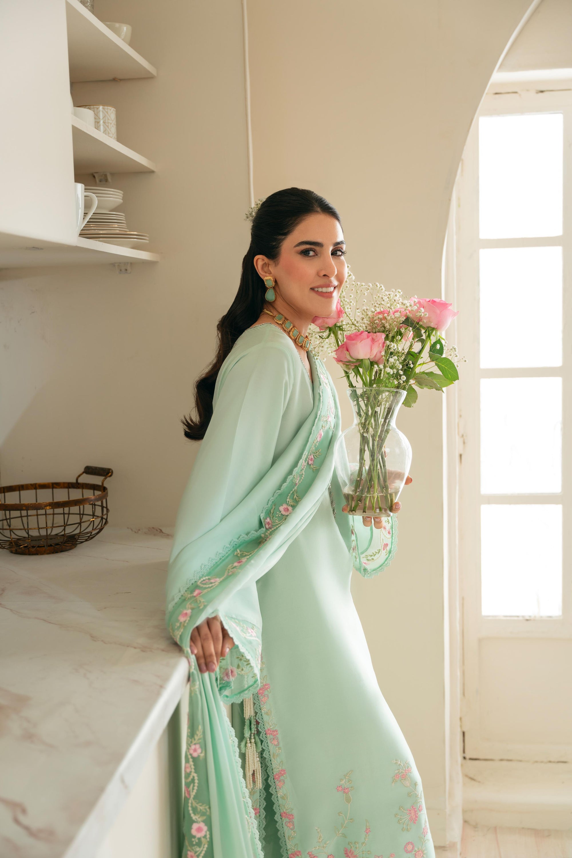 Pakistani Aqua Ada Embroidered Pure Raw Silk Kameez Set (3-Piece) - Image 3