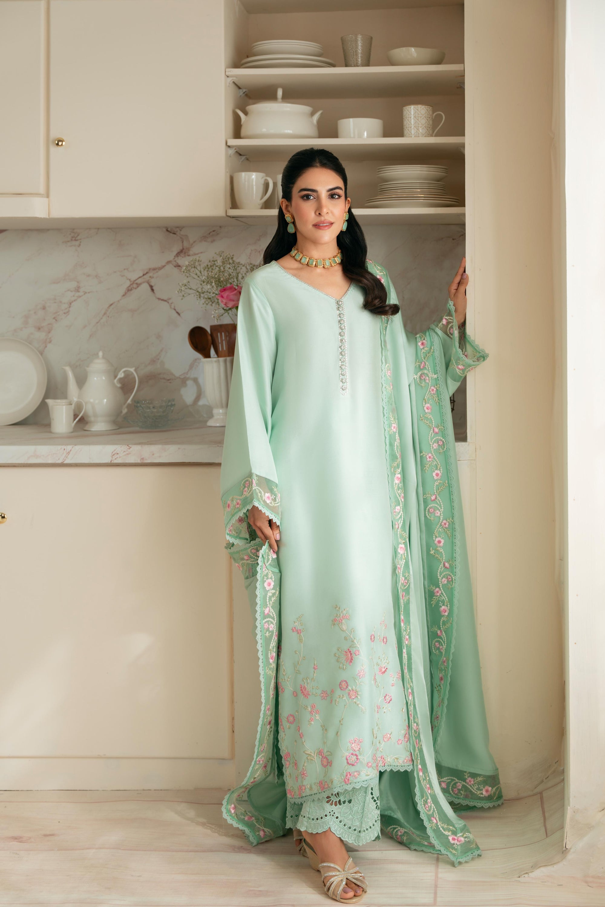 Pakistani Aqua Ada Embroidered Pure Raw Silk Kameez Set (3-Piece) - Image 4