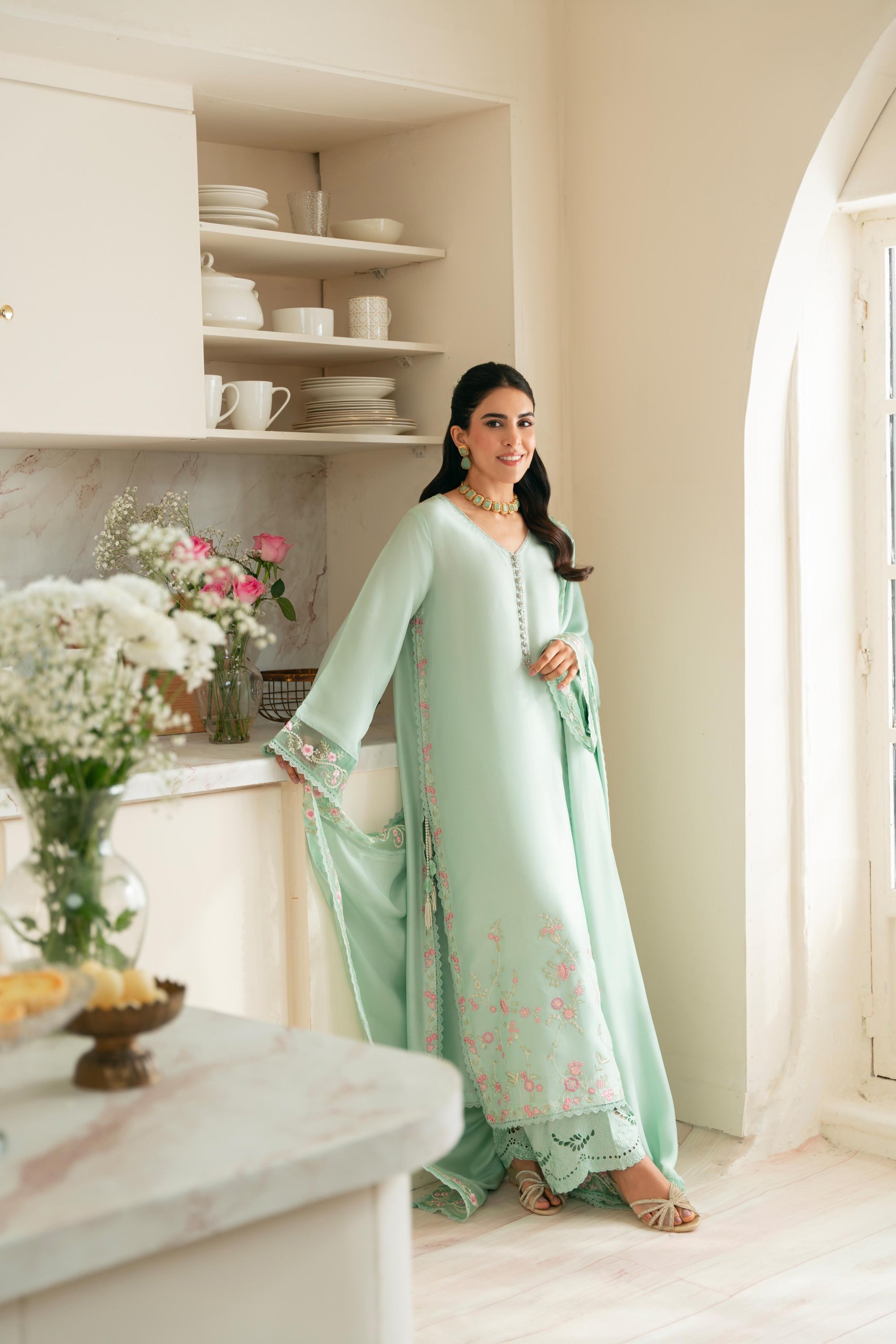 Pakistani Aqua Ada Embroidered Pure Raw Silk Kameez Set (3-Piece) - Image 5
