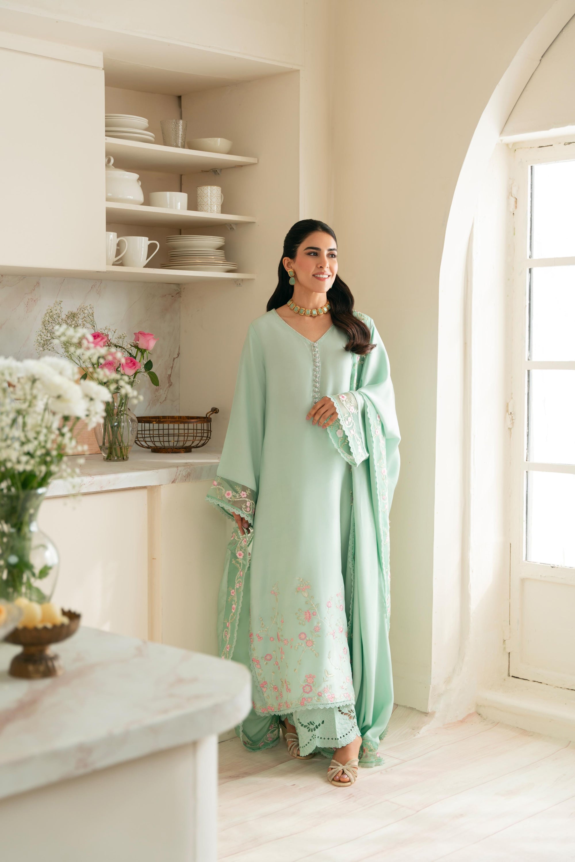 Pakistani Aqua Ada Embroidered Pure Raw Silk Kameez Set (3-Piece) - Image 6