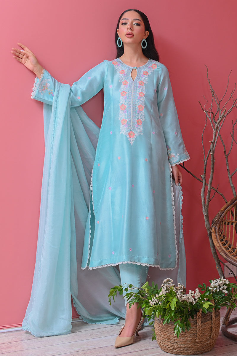 Pakistani Blue Radiance Ari Embroidered Raw Silk Kurta Set (3-Piece) - Image 1