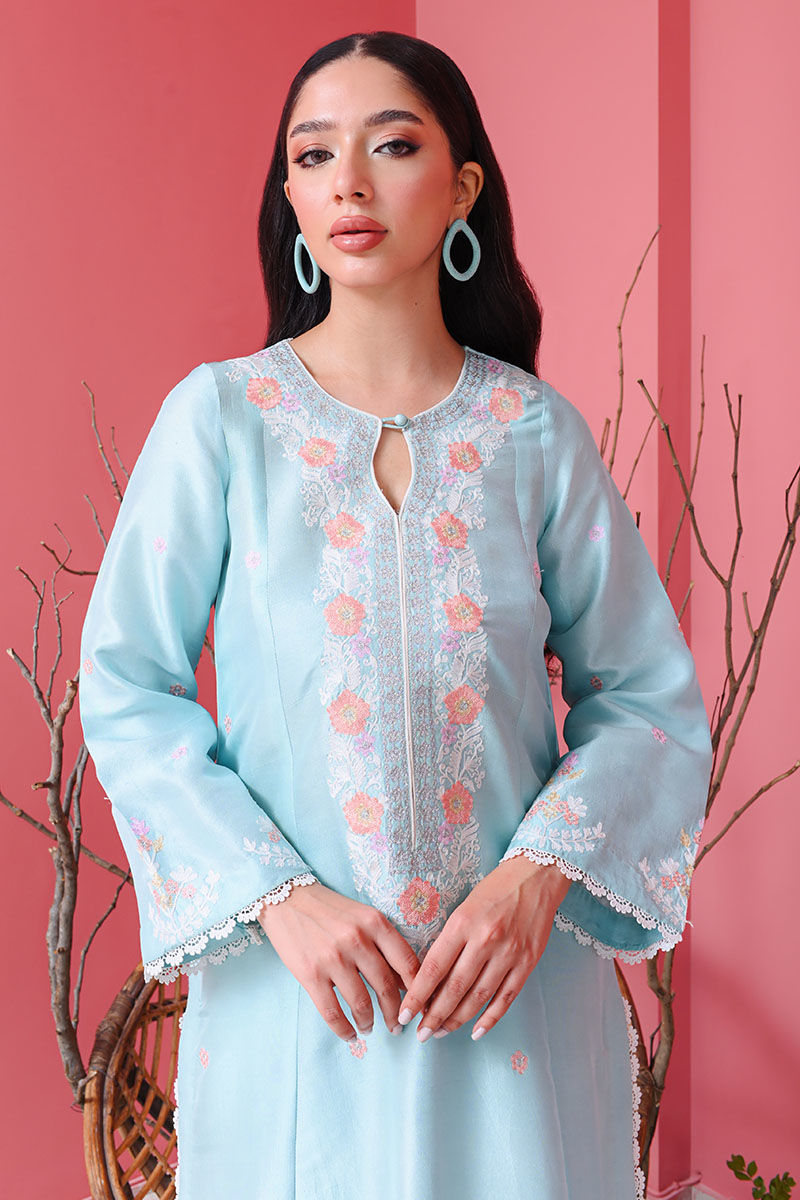 Pakistani Blue Radiance Ari Embroidered Raw Silk Kurta Set (3-Piece) - Image 2