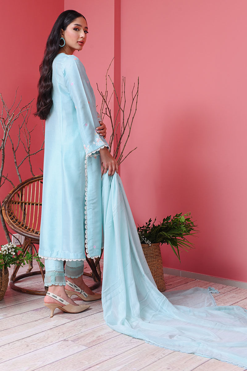 Pakistani Blue Radiance Ari Embroidered Raw Silk Kurta Set (3-Piece) - Image 3