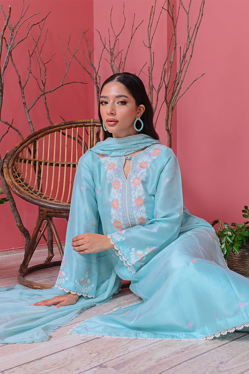 Pakistani Blue Radiance Ari Embroidered Raw Silk Kurta Set (3-Piece) - Image 4