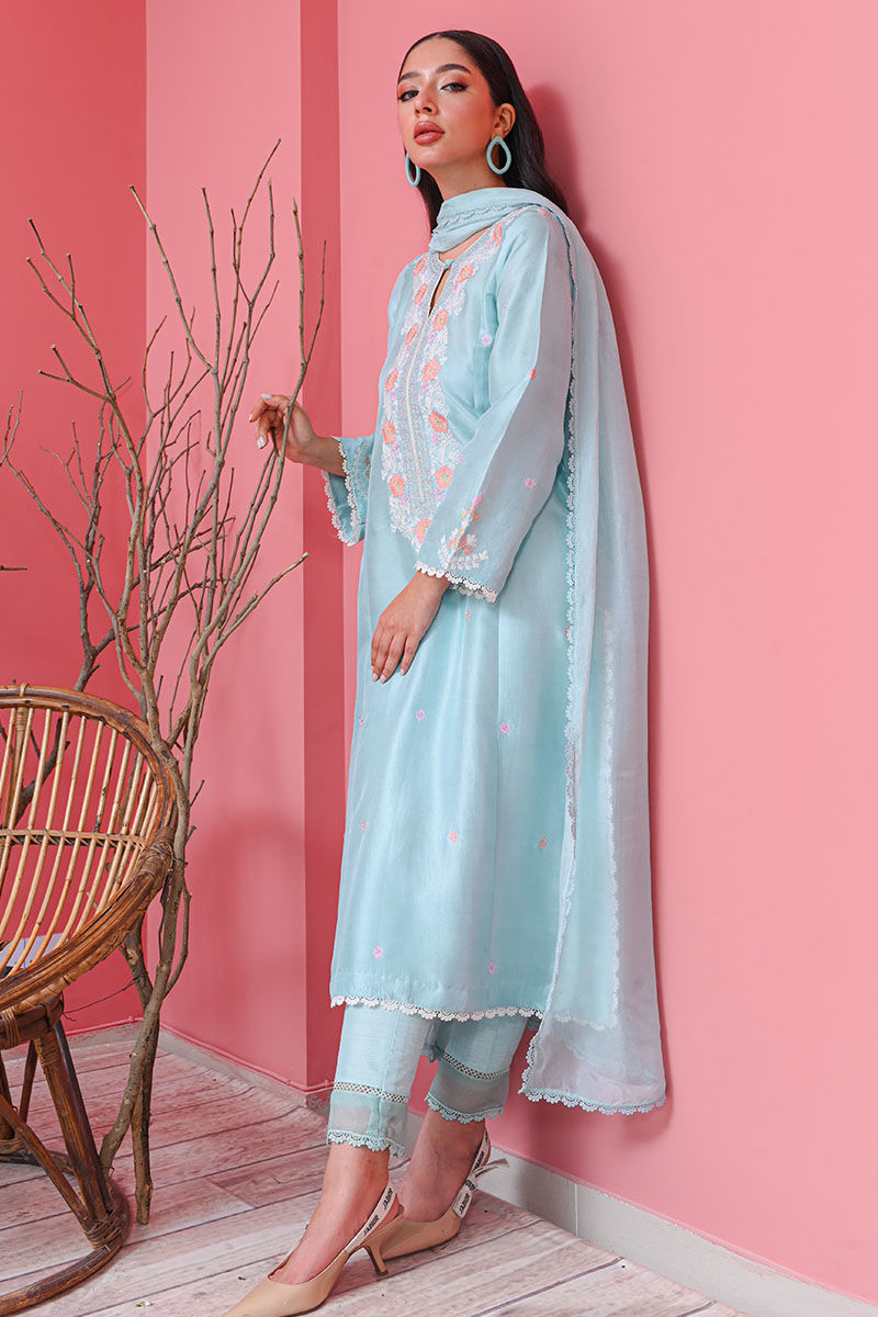 Pakistani Blue Radiance Ari Embroidered Raw Silk Kurta Set (3-Piece) - Image 7