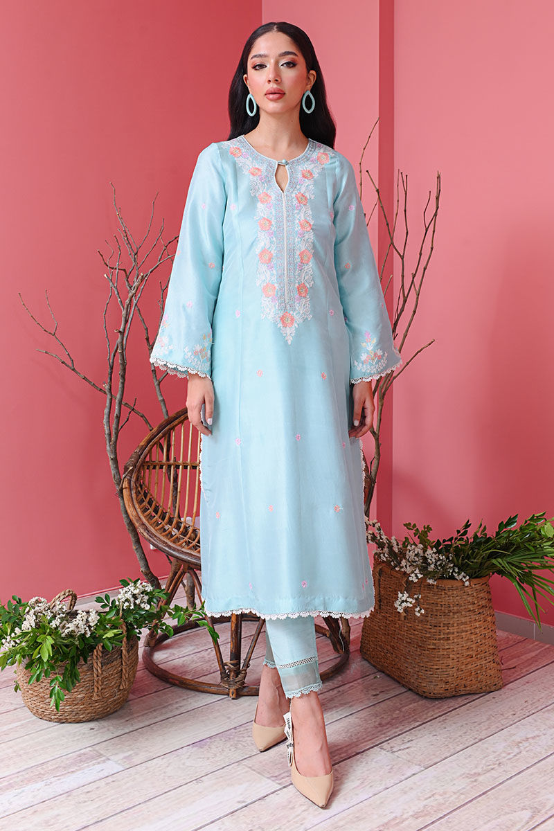 Pakistani Blue Radiance Ari Embroidered Raw Silk Kurta Set (3-Piece) - Image 8