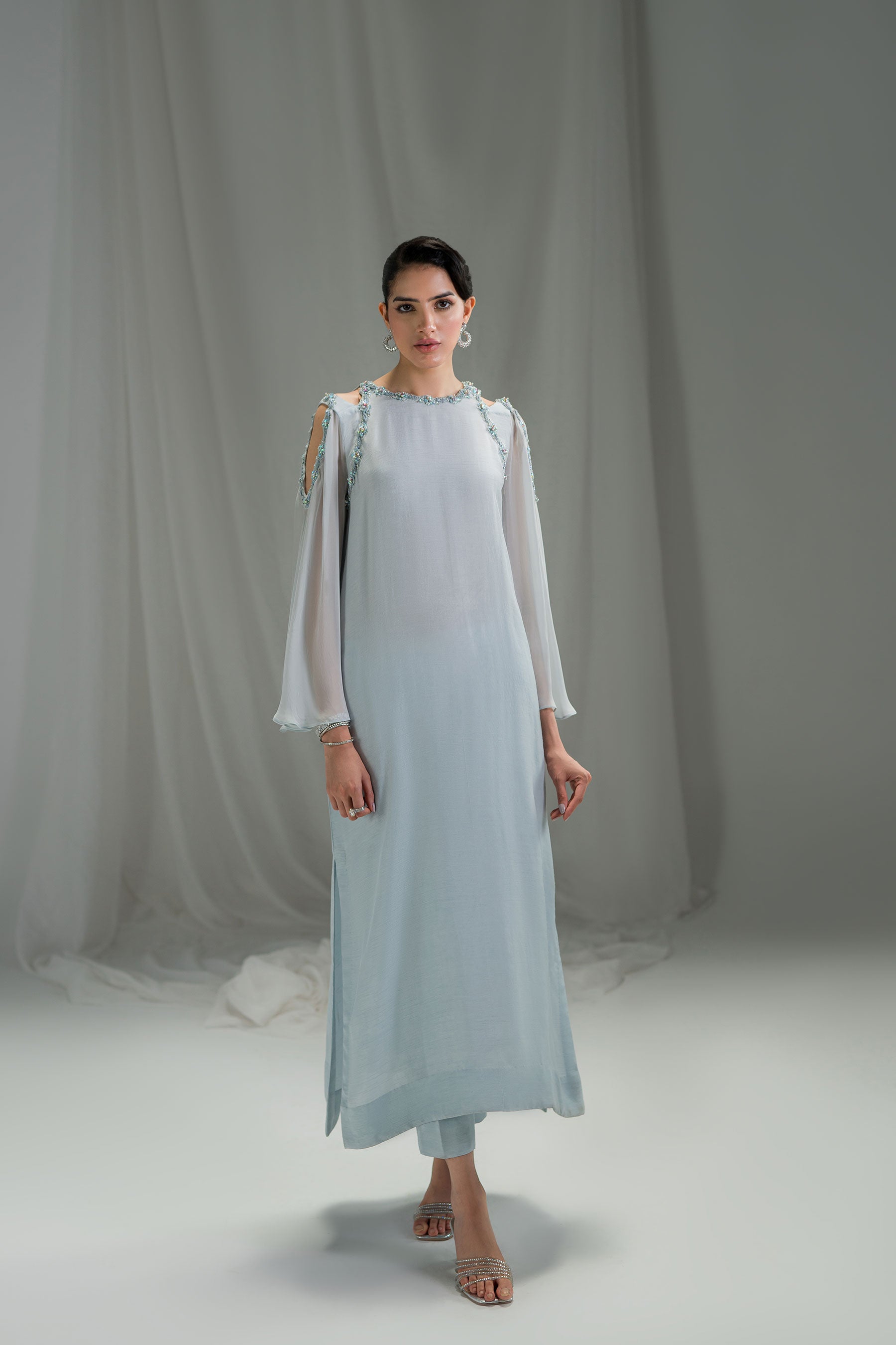 Pakistani Ice Blue Embellished Pure Raw Silk Salwar Kameez (2-Piece) - Image 1