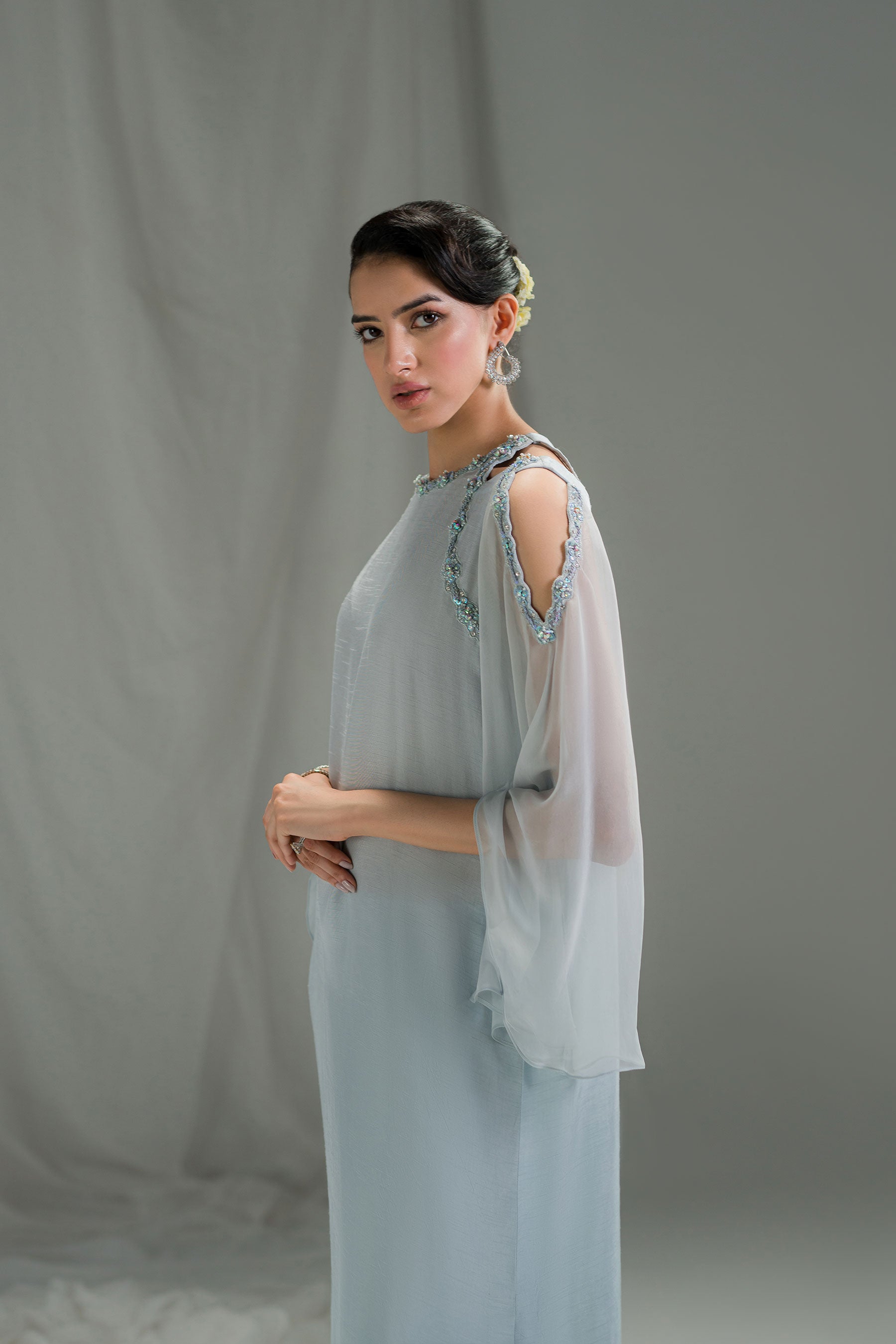 Pakistani Ice Blue Embellished Pure Raw Silk Salwar Kameez (2-Piece) - Image 2