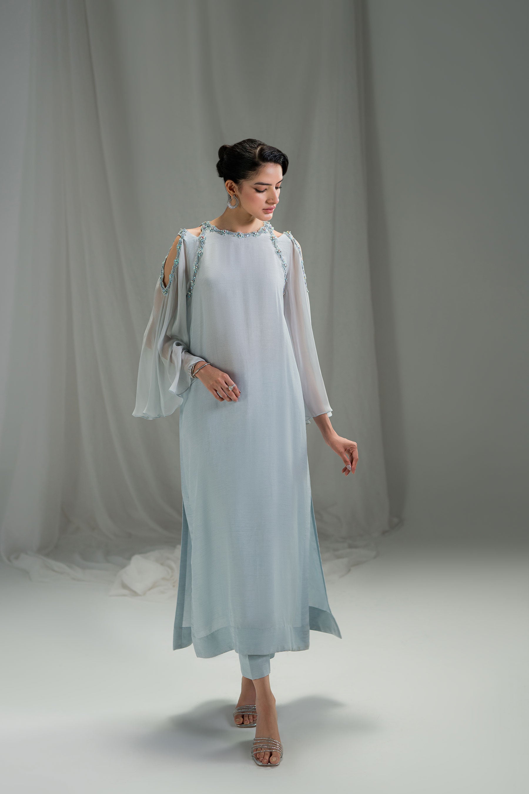 Pakistani Ice Blue Embellished Pure Raw Silk Salwar Kameez (2-Piece) - Image 3