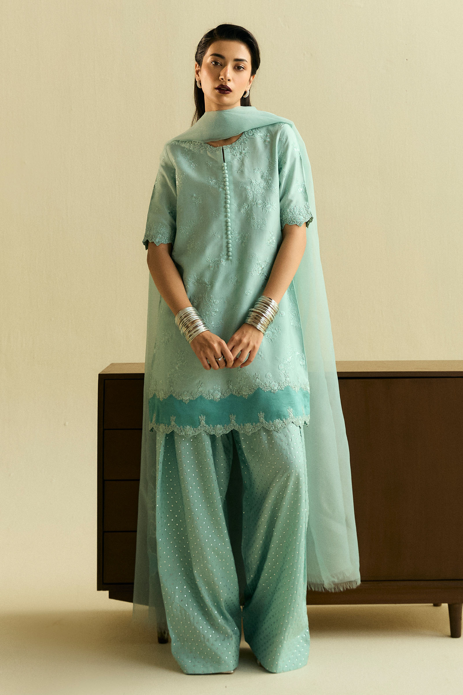 Aqua Embroidered Raw Silk Salwar Kameez (3-Piece) - Image 1