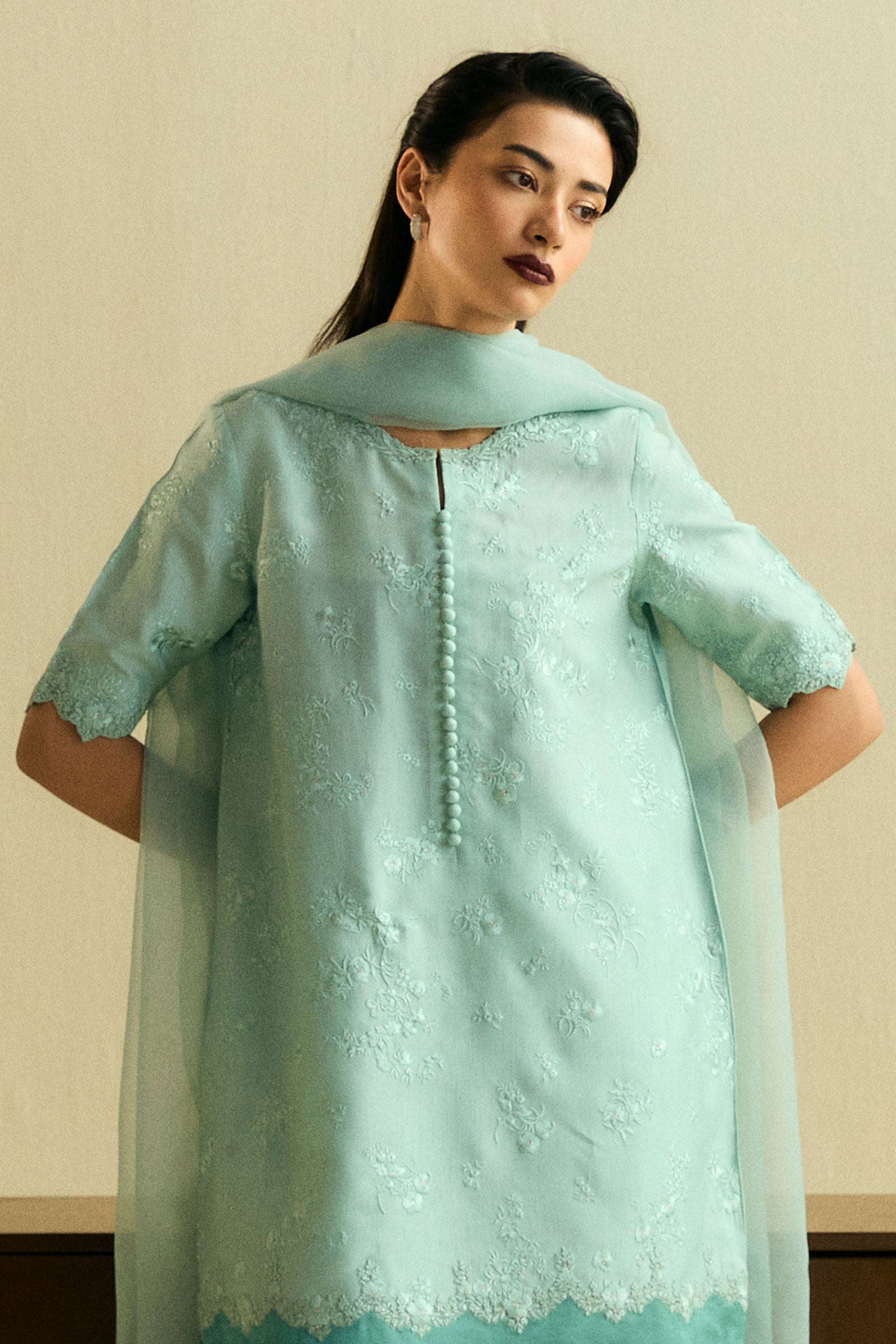 Aqua Embroidered Raw Silk Salwar Kameez (3-Piece) - Image 2