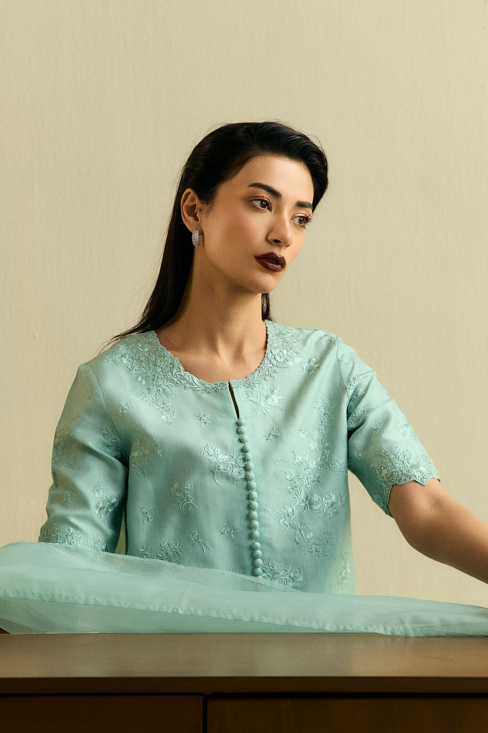 Aqua Embroidered Raw Silk Salwar Kameez (3-Piece) - Image 3