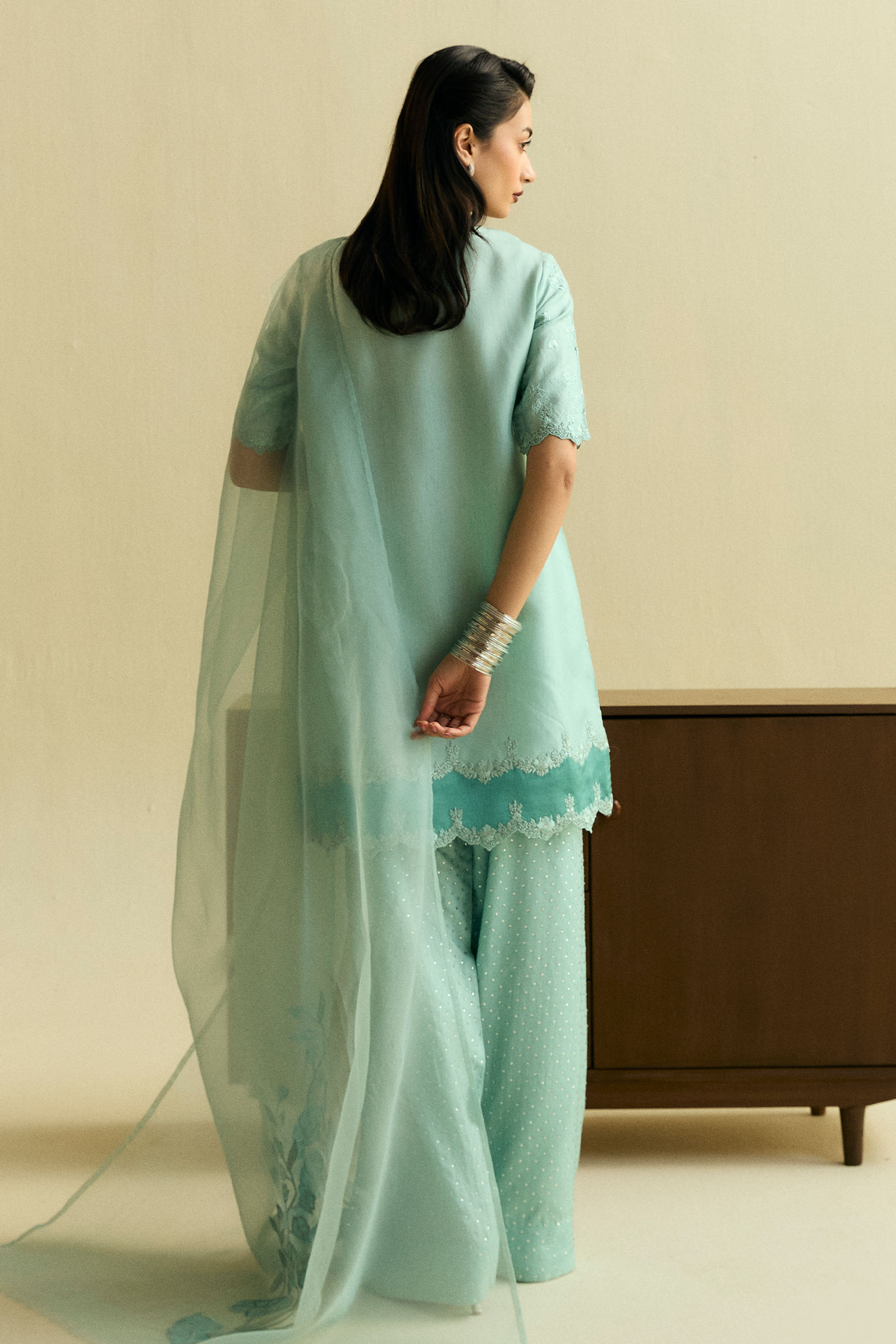 Aqua Embroidered Raw Silk Salwar Kameez (3-Piece) - Image 4