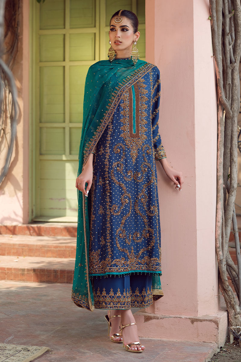 Pakistani Blue Embroidered Raw Silk Salwar Kameez (3-Piece) - Image 1