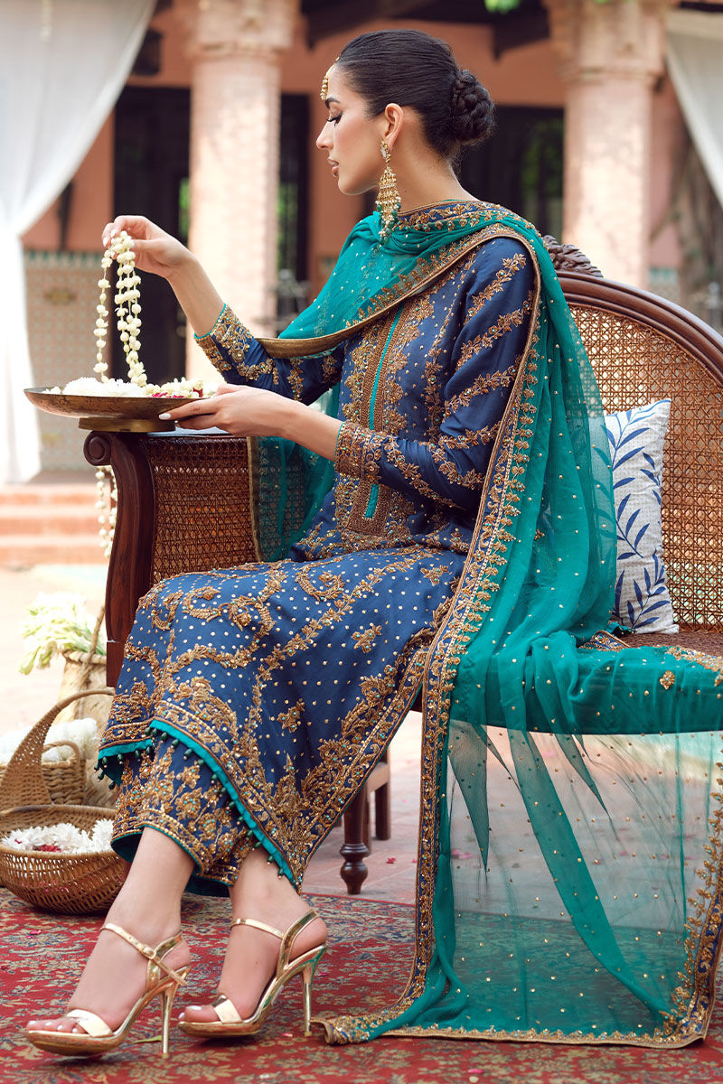 Pakistani Blue Embroidered Raw Silk Salwar Kameez (3-Piece) - Image 2