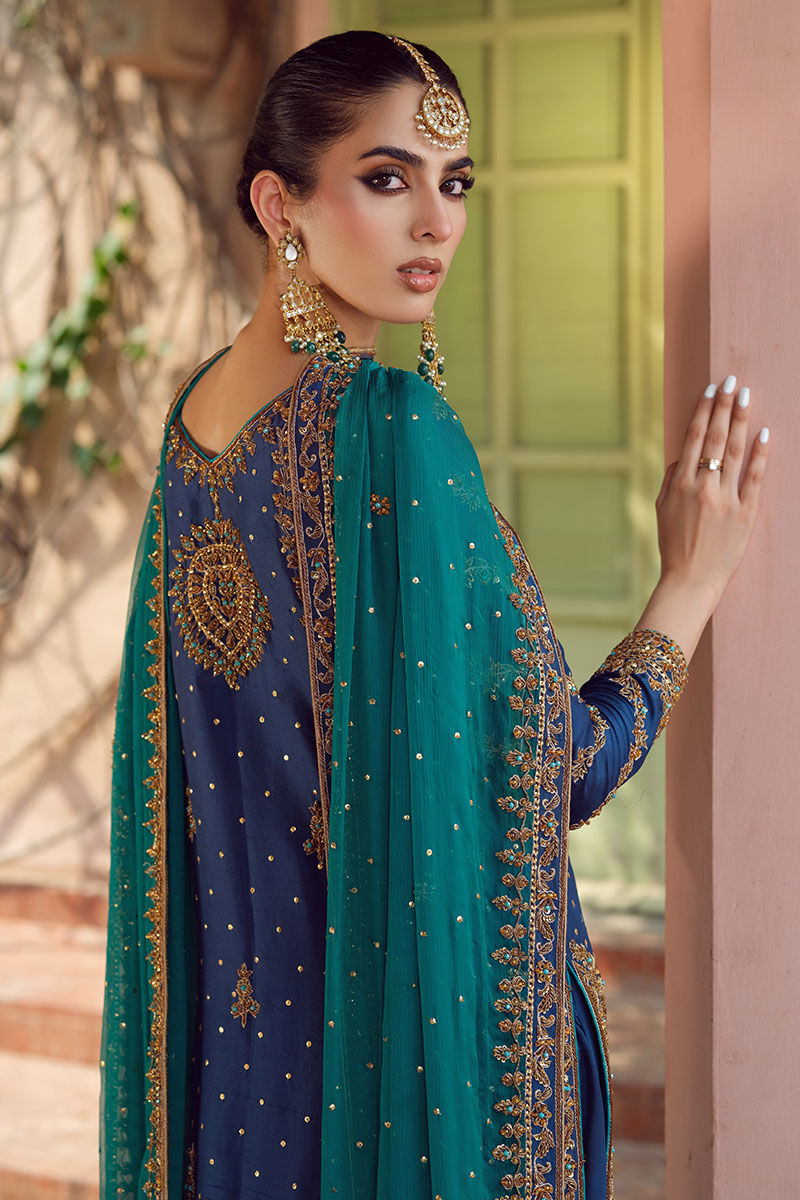 Pakistani Blue Embroidered Raw Silk Salwar Kameez (3-Piece) - Image 3