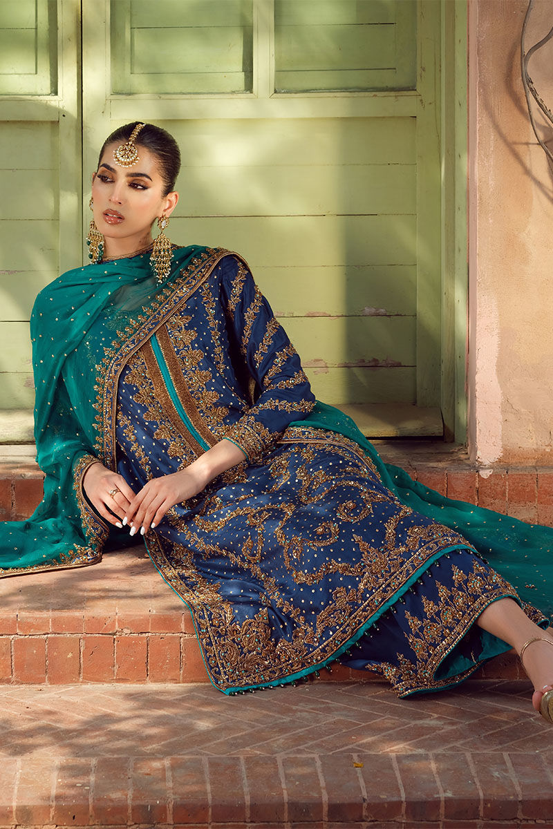Pakistani Blue Embroidered Raw Silk Salwar Kameez (3-Piece) - Image 4