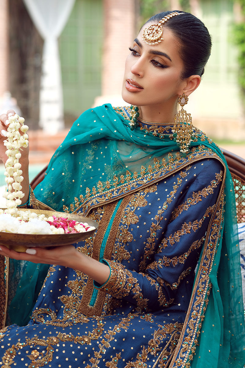 Pakistani Blue Embroidered Raw Silk Salwar Kameez (3-Piece) - Image 5