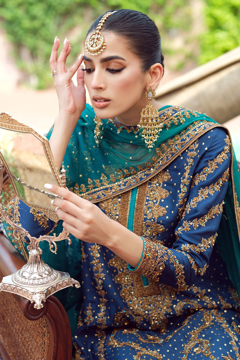 Pakistani Blue Embroidered Raw Silk Salwar Kameez (3-Piece) - Image 6