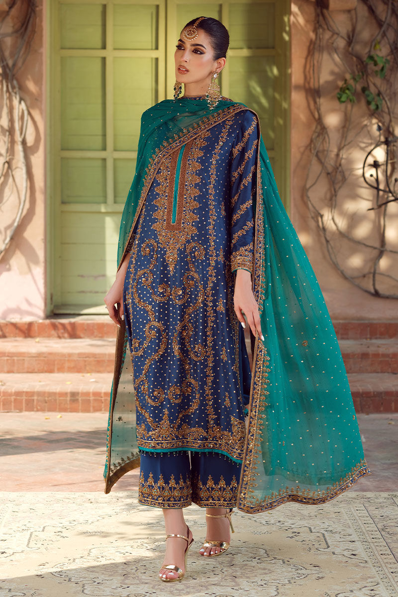 Pakistani Blue Embroidered Raw Silk Salwar Kameez (3-Piece) - Image 7