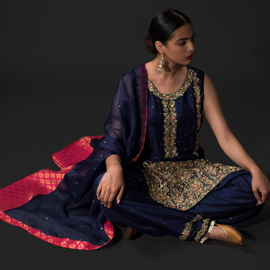 Cobalt Blue Hand-Embellished Raw Silk Salwar Kameez (3-Piece) - Image 1