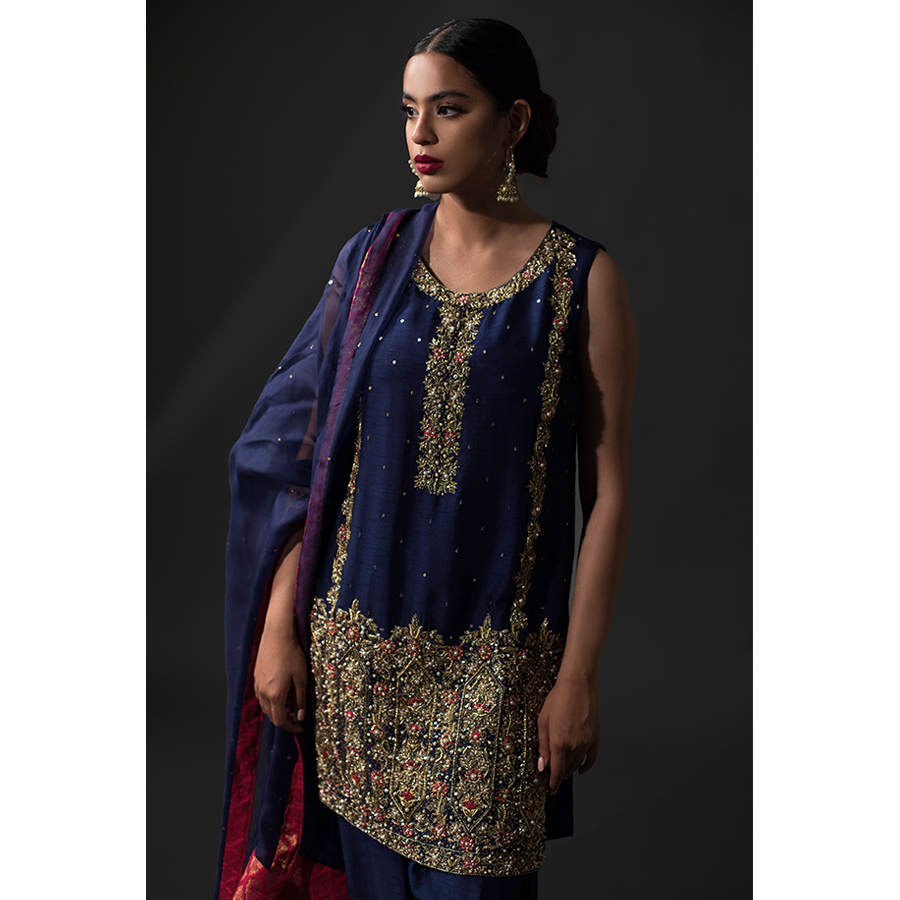 Cobalt Blue Hand-Embellished Raw Silk Salwar Kameez (3-Piece) - Image 2