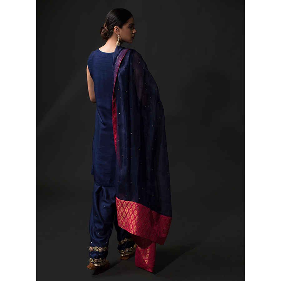 Cobalt Blue Hand-Embellished Raw Silk Salwar Kameez (3-Piece) - Image 3