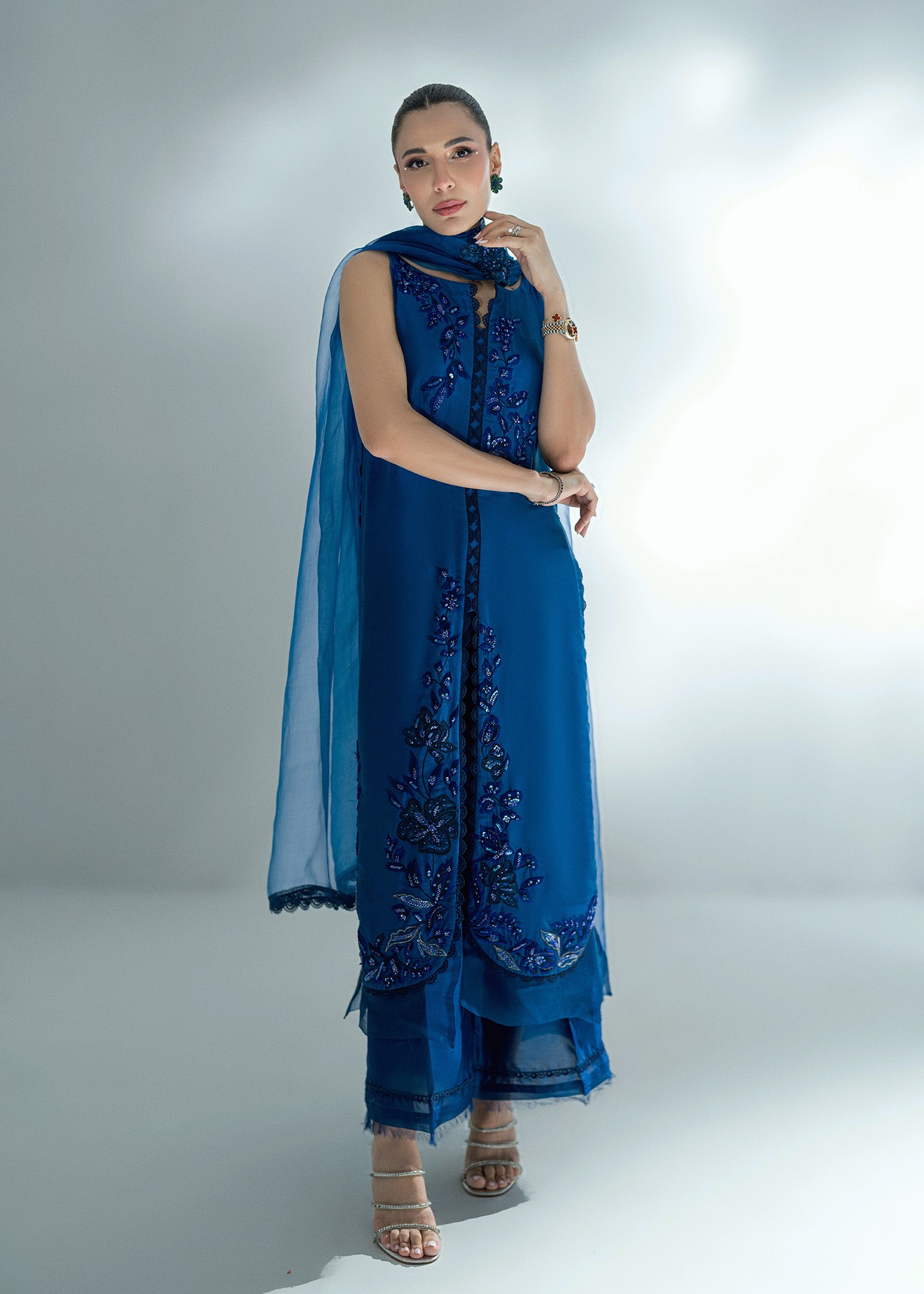 Pakistani Brady Blue Embroidered Pure Silk Salwar Kameez (3-Piece) - Image 1