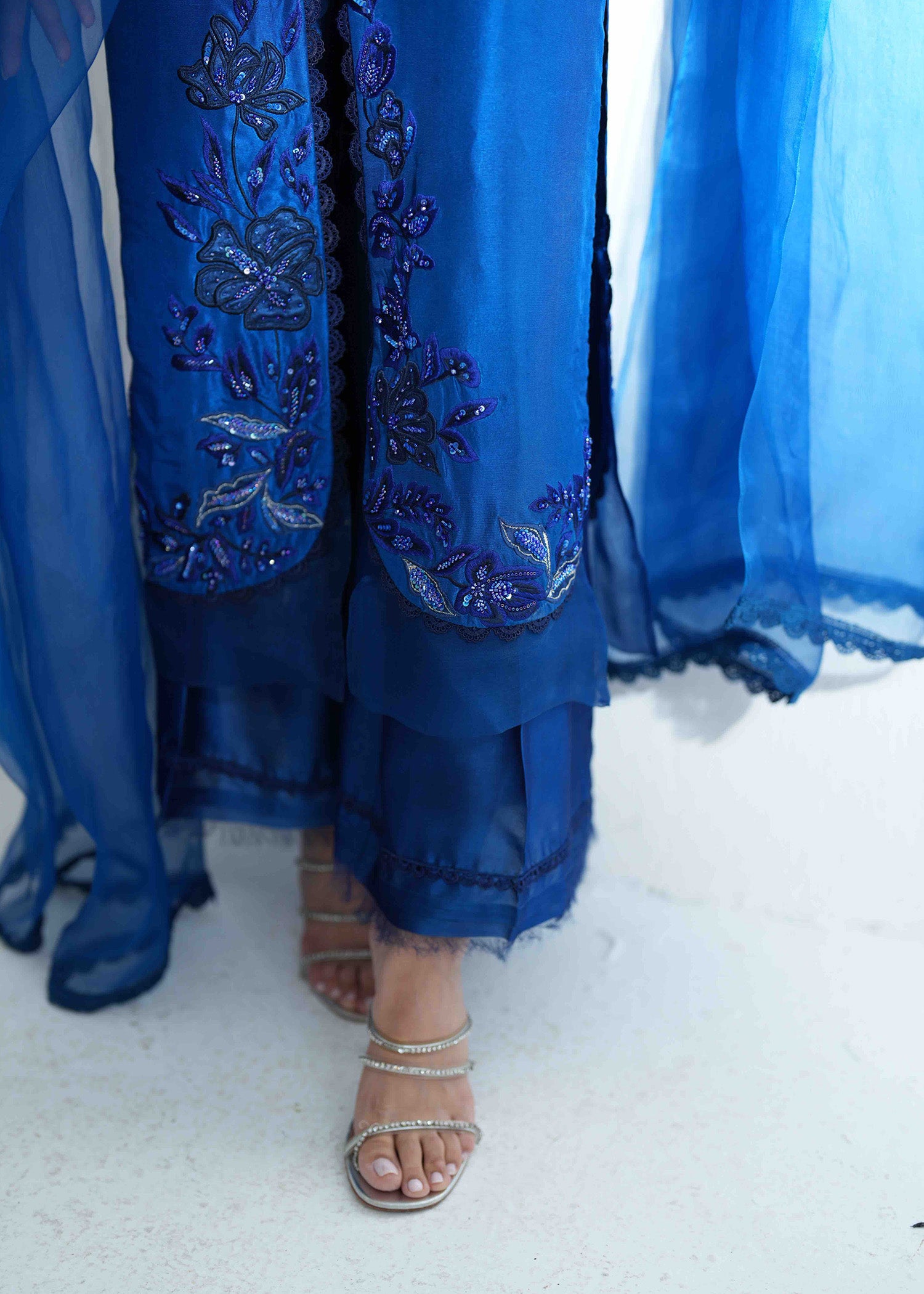 Pakistani Brady Blue Embroidered Pure Silk Salwar Kameez (3-Piece) - Image 10