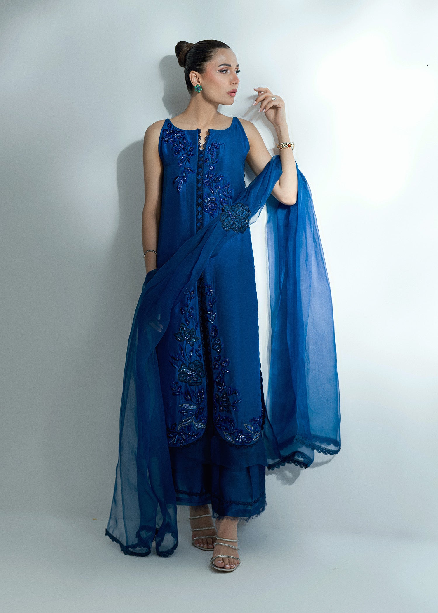 Pakistani Brady Blue Embroidered Pure Silk Salwar Kameez (3-Piece) - Image 11