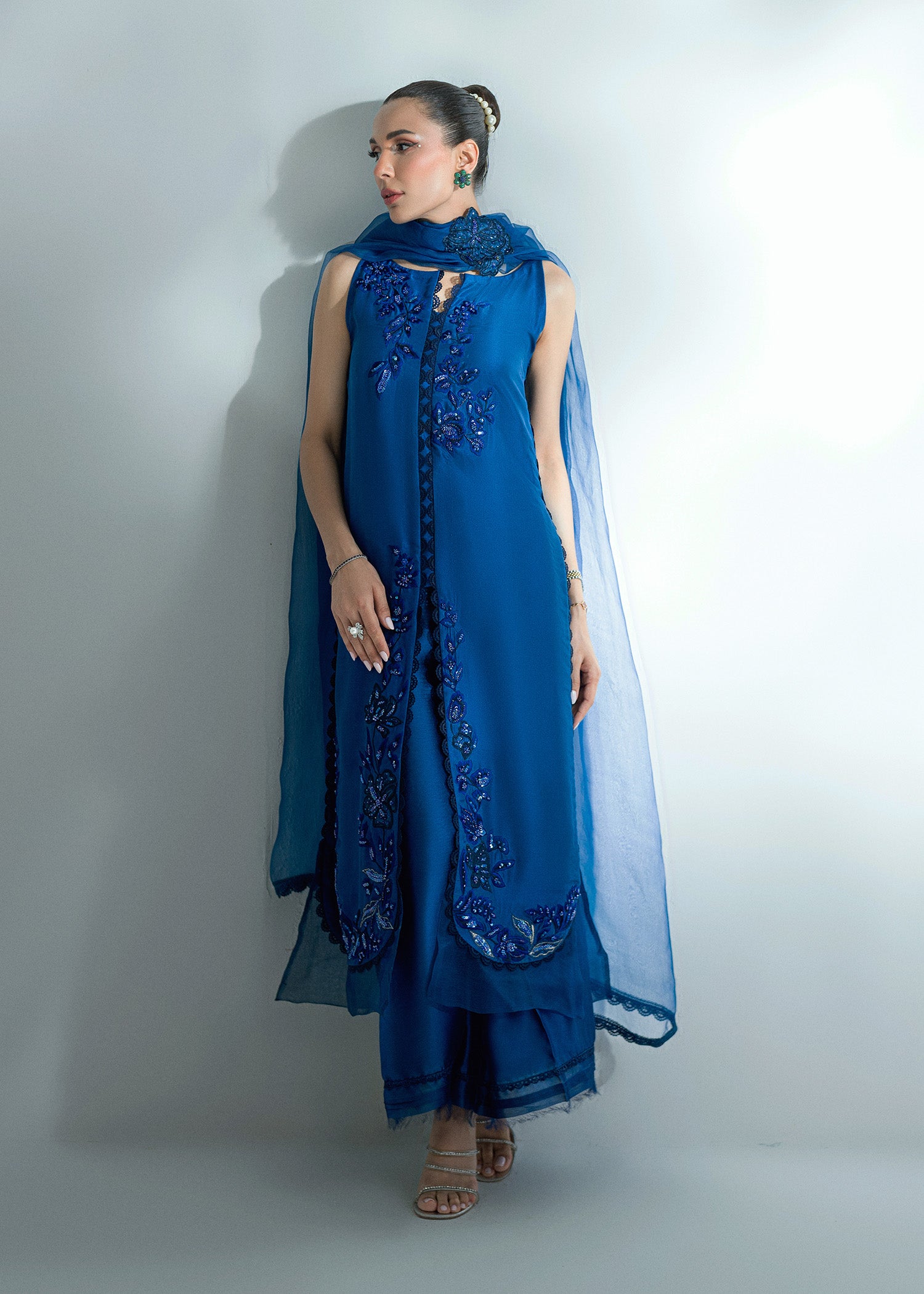 Pakistani Brady Blue Embroidered Pure Silk Salwar Kameez (3-Piece) - Image 2