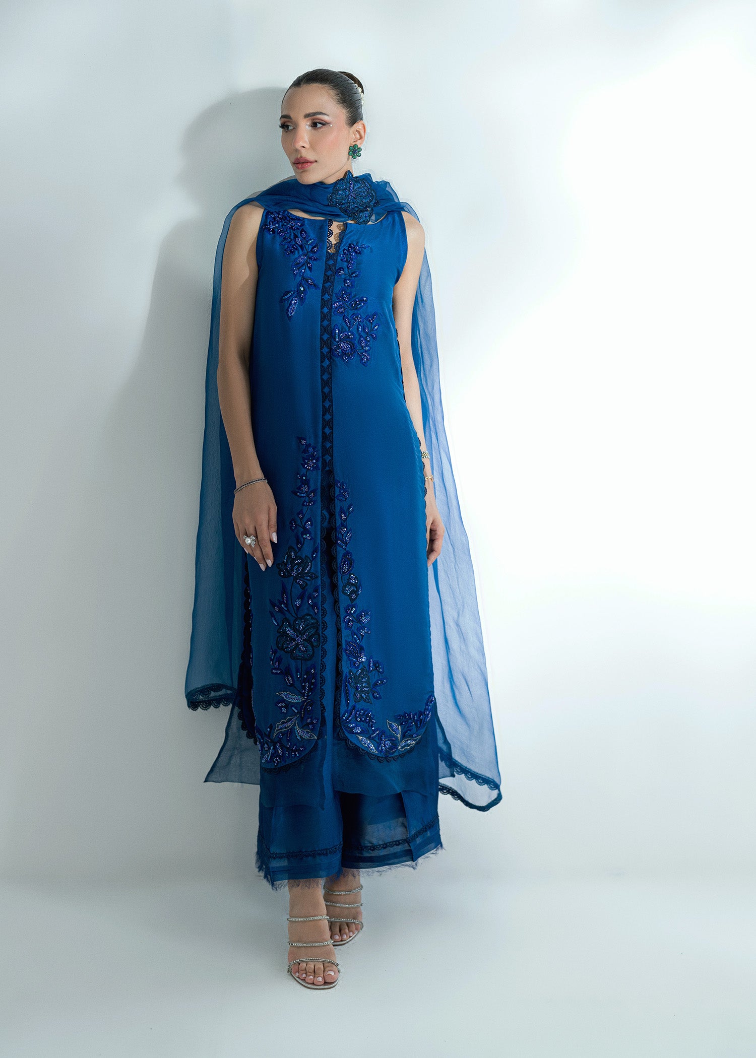 Pakistani Brady Blue Embroidered Pure Silk Salwar Kameez (3-Piece) - Image 3
