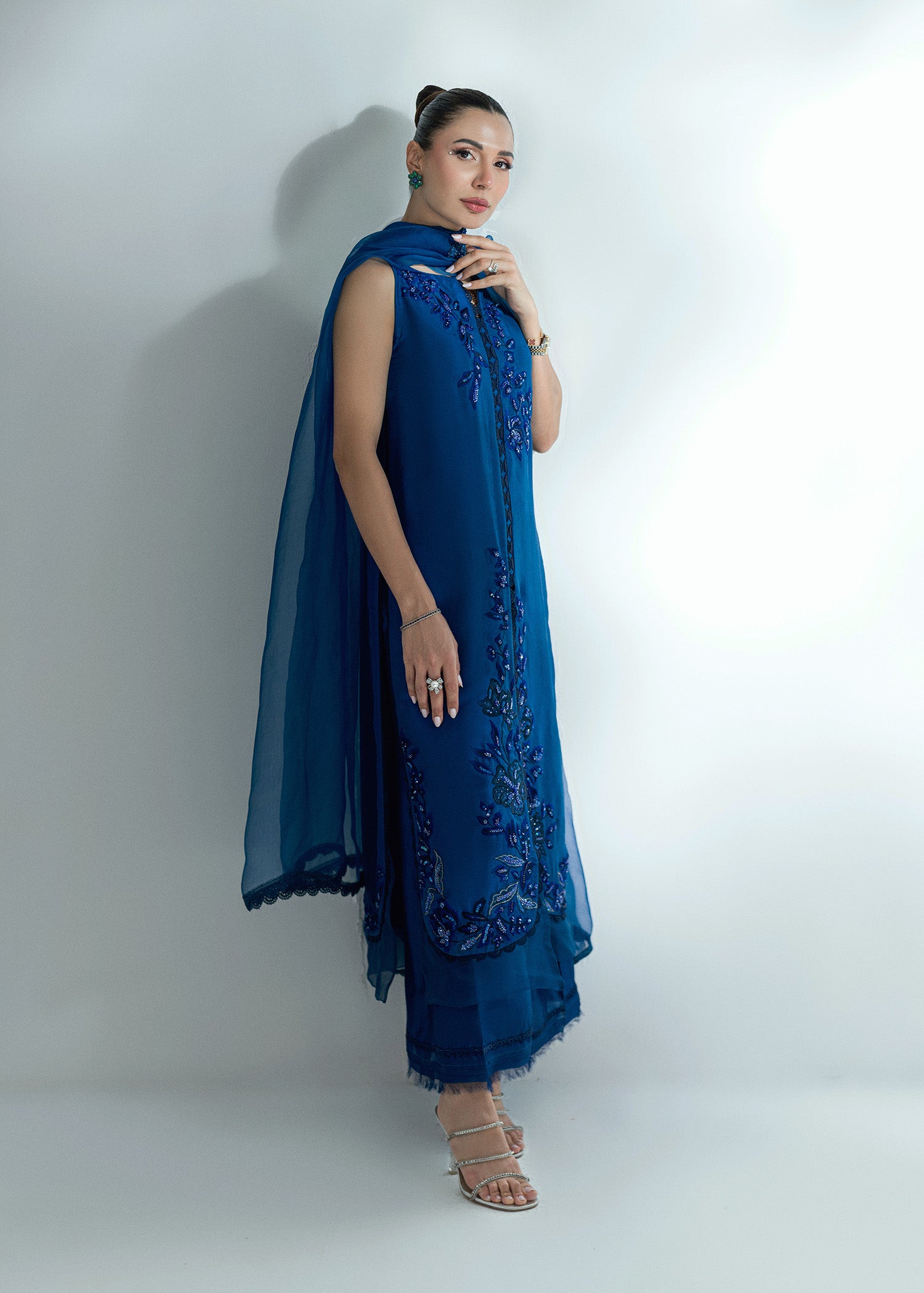 Pakistani Brady Blue Embroidered Pure Silk Salwar Kameez (3-Piece) - Image 4