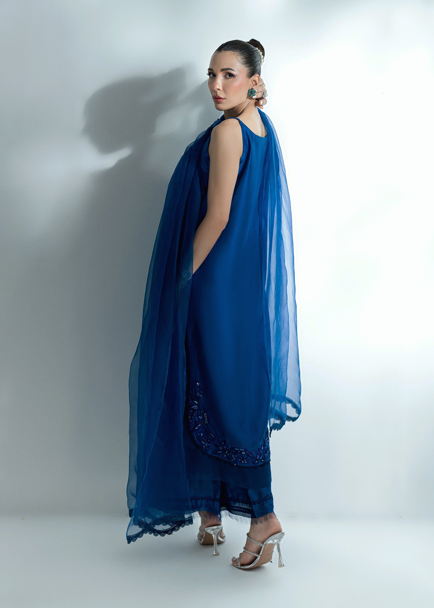 Pakistani Brady Blue Embroidered Pure Silk Salwar Kameez (3-Piece) - Image 6