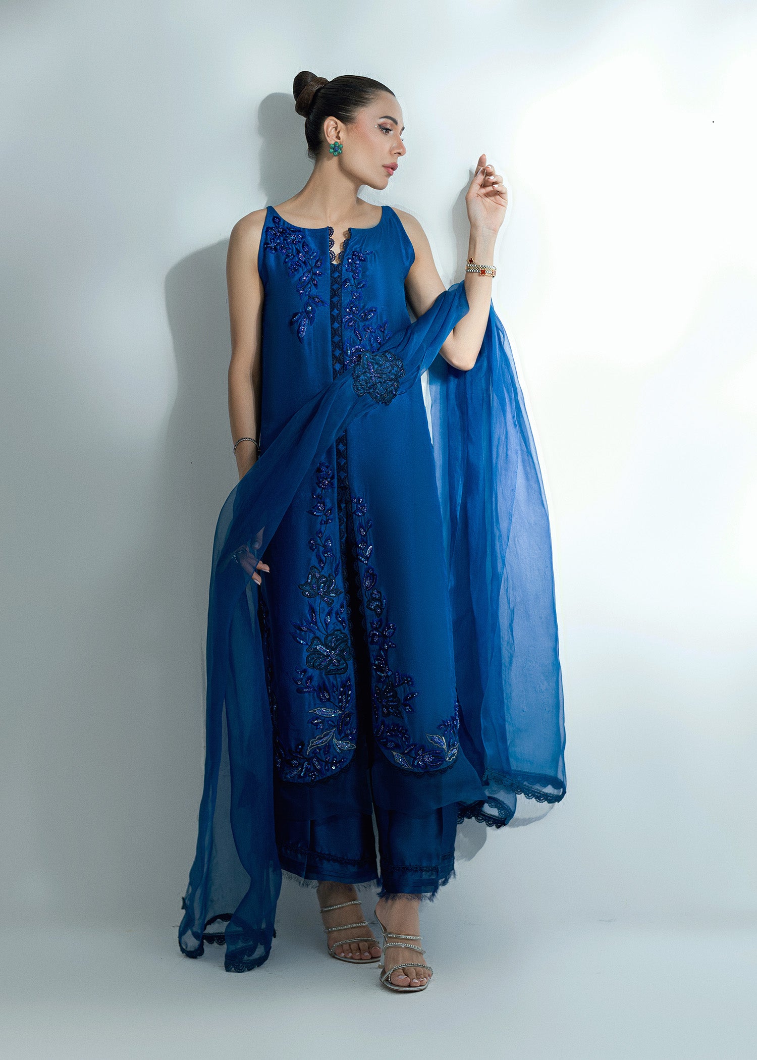 Pakistani Brady Blue Embroidered Pure Silk Salwar Kameez (3-Piece) - Image 8