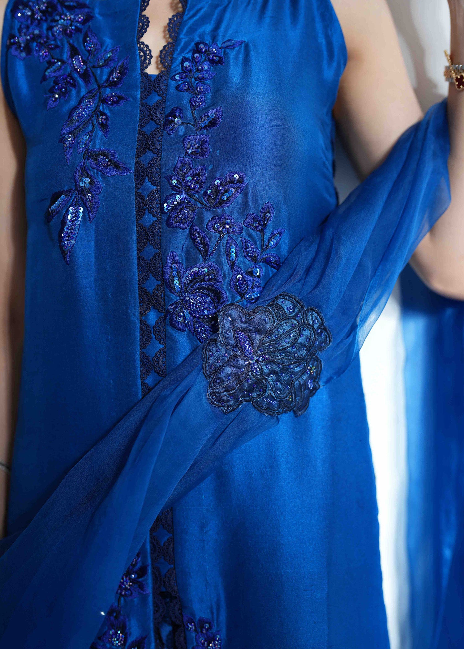 Pakistani Brady Blue Embroidered Pure Silk Salwar Kameez (3-Piece) - Image 9